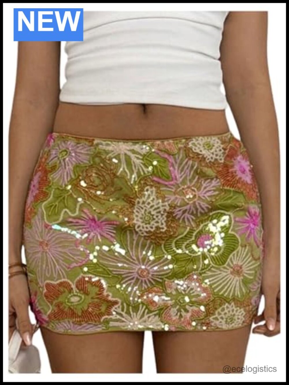 Floral Sequin Bodycon Mini Skirt Low Rise Night Out